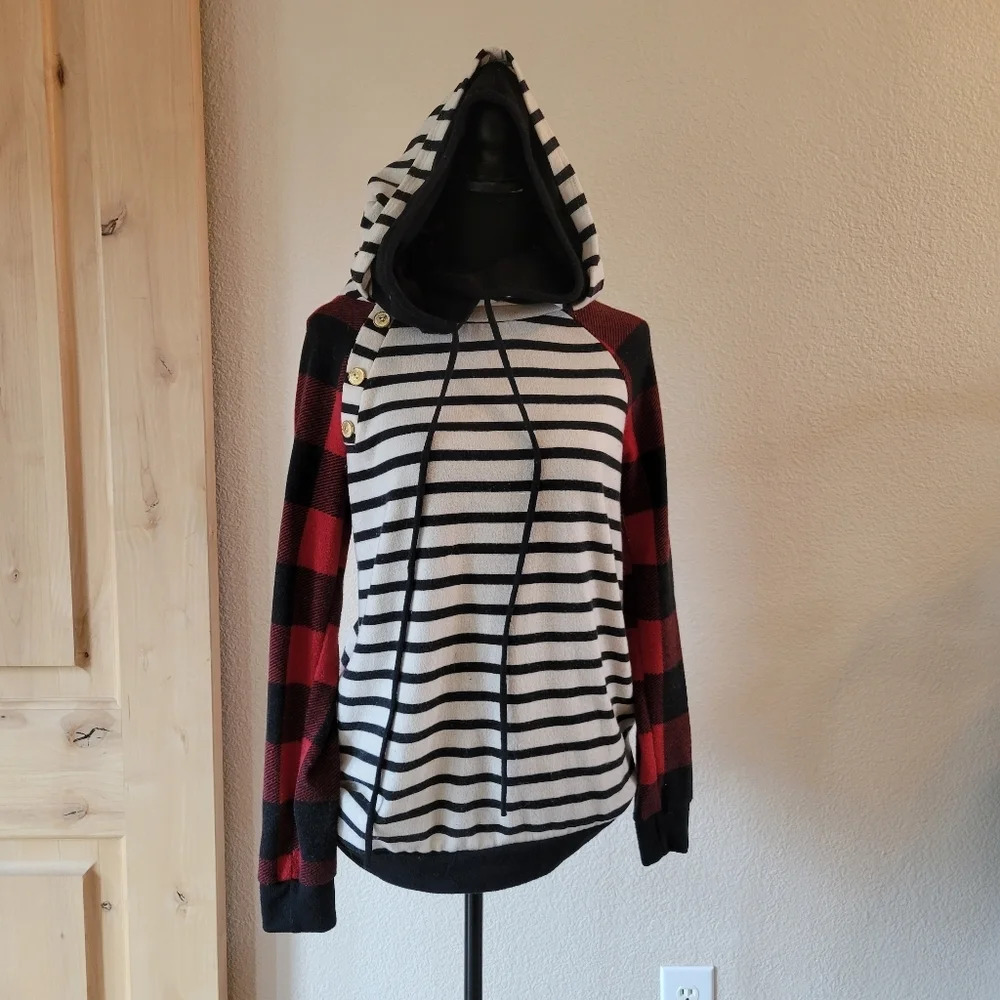 🔥 (5for$35) WHITE BIRCH Double Hood Stripe Plaid Hoodie Sweater SIZE Small
